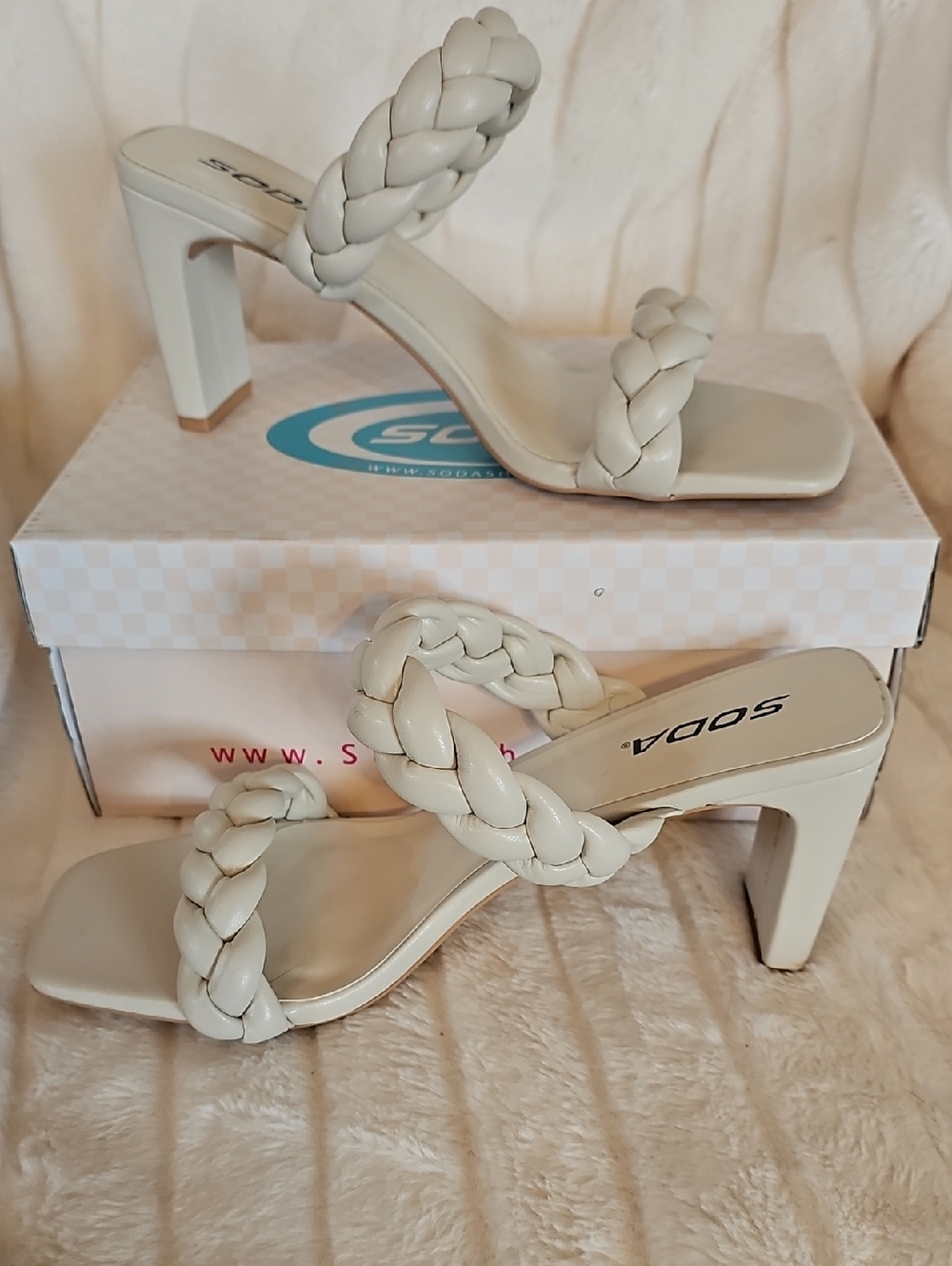 Soda Braided Double-Strap Heeled Mules in Cream